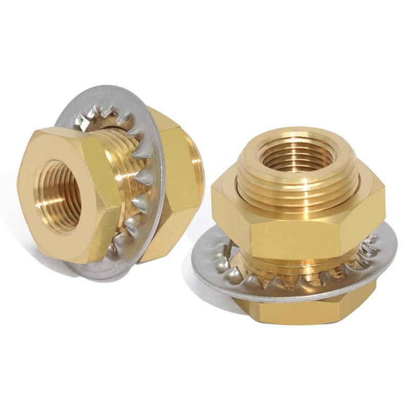 Boeray 2pcs Brass Bulkhead Fittings 3/8â€ NPT Female to 3/8â€ NPT Female Thread Bulkhead Straight Connector Brass Coupling 1.3â€ Length Outer Diameter 1â€-14 Bulkhead Tank Air Hose Line Pipe Fittings - Image 1